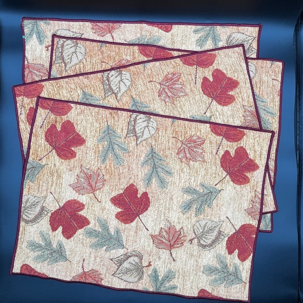 Set of 4 Autumn Leaves Woven Tapestry Placemats Burgundy Sage‎ Tan Decor 17"x13"
